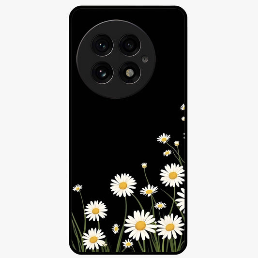 Daisy Cascade on Black Glass Case for 1+13 elegant front view featuring white daisy artwork on deep black background