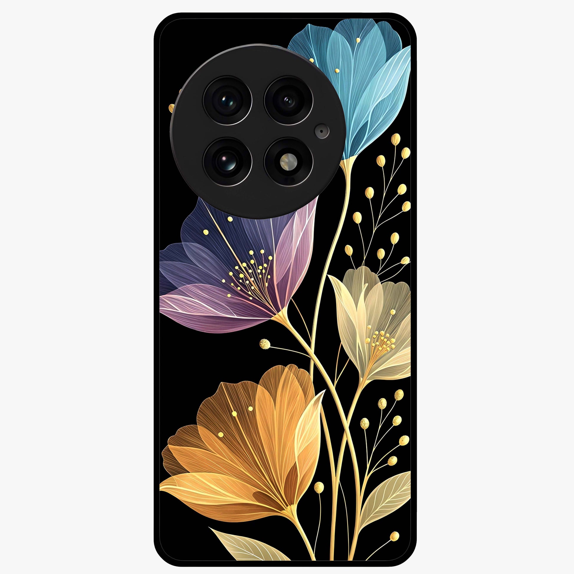 Delicate Multicolor Flowers Glass Case for 1+13 vibrant front view featuring soft multicolor floral artwork