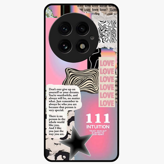 Divine Love Vibes Glass Case for 1+13 soft front view featuring romantic artistic typography design