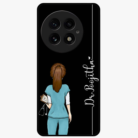Doctor Pattern Custom Name Glass Case for 1+13 professional front view featuring medical themed artwork with personalized name design