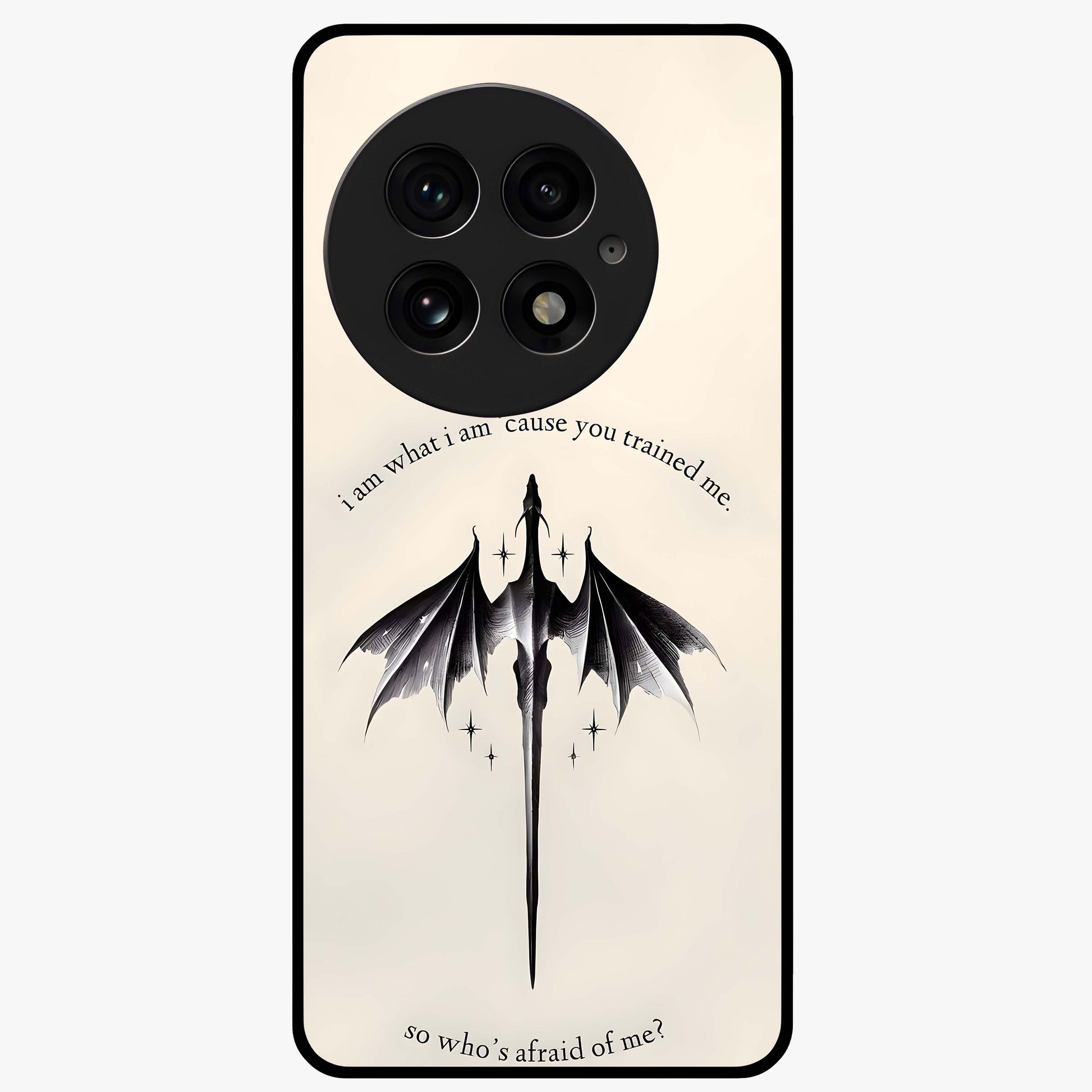 Dragon Quote Art Glass Case for 1+13 bold front view featuring dragon illustration with motivational quote artwork