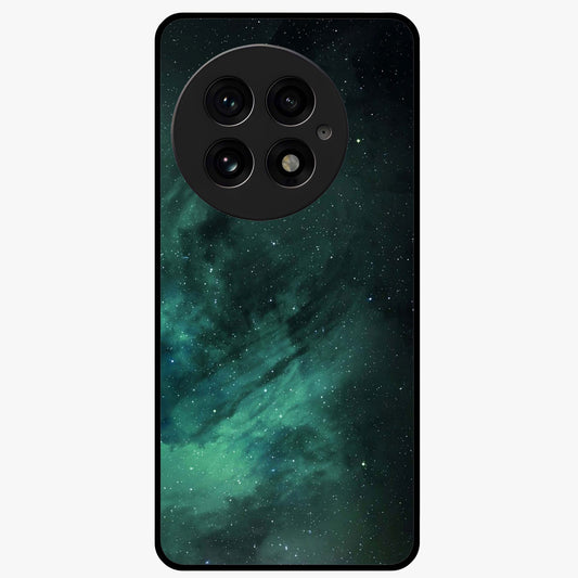 Emerald Green Space Glass Case for 1+13 vibrant front view featuring deep green cosmic inspired artwork