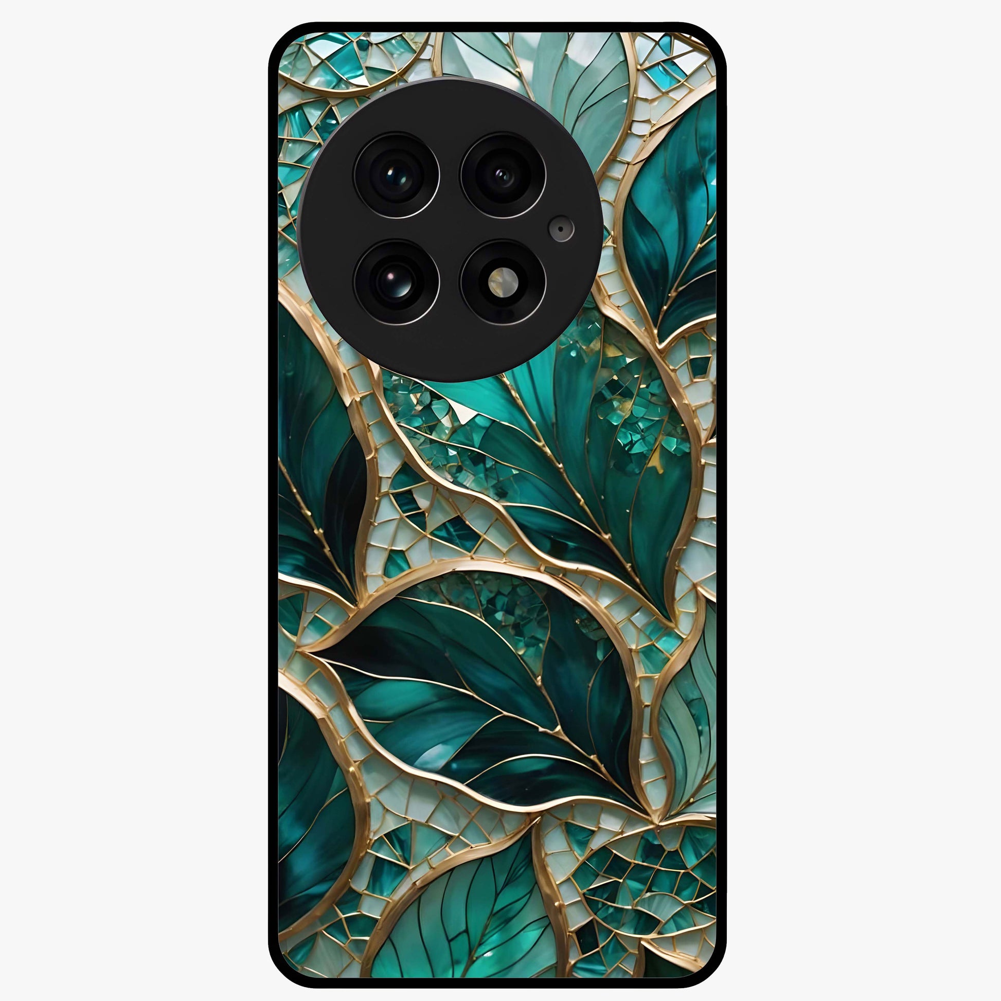 Emerald Leaf Glass Case for 1+13 minimalist front view featuring elegant green leaf artwork