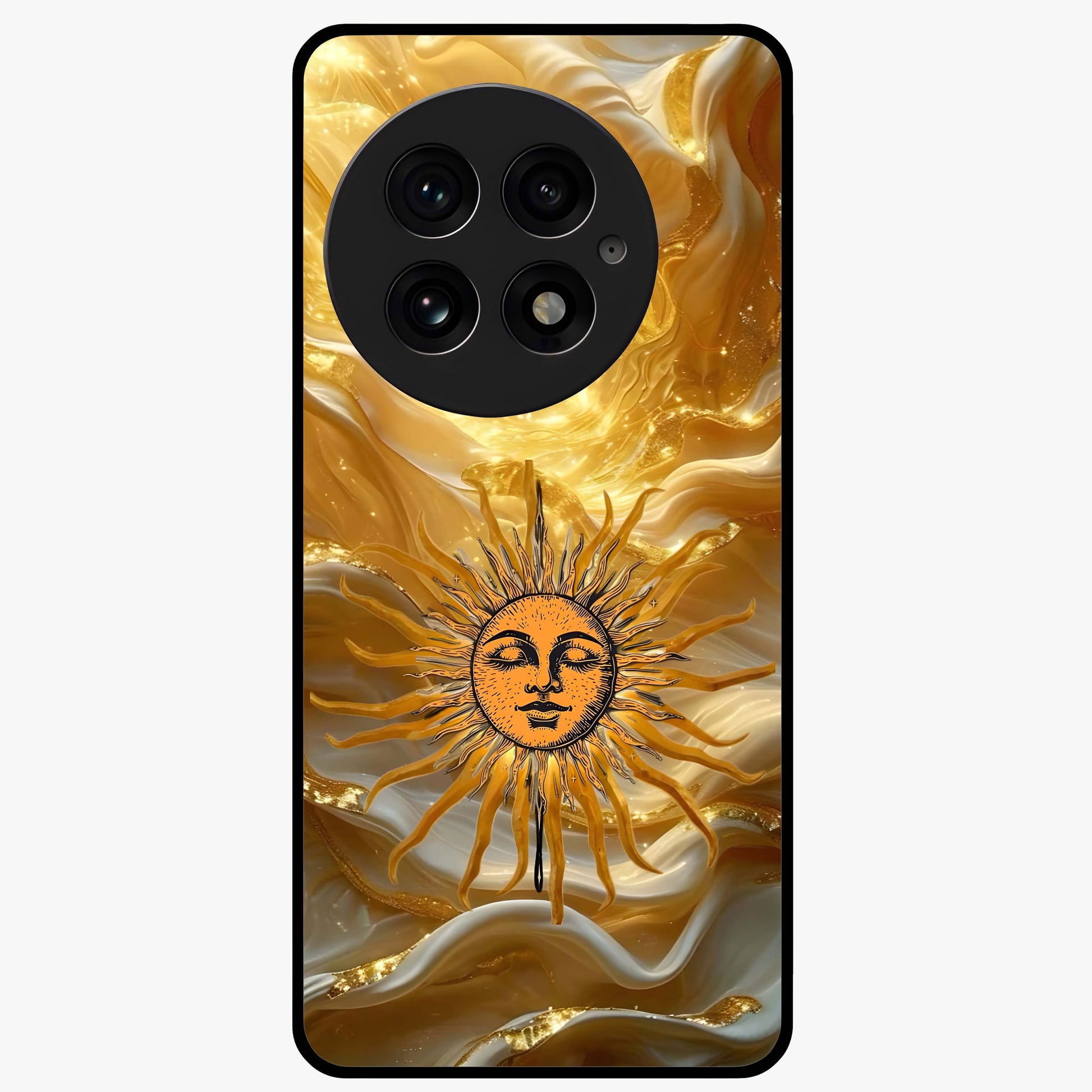 Eternal Golden Glow Glass Case for 1+13 radiant front view featuring warm golden artistic artwork