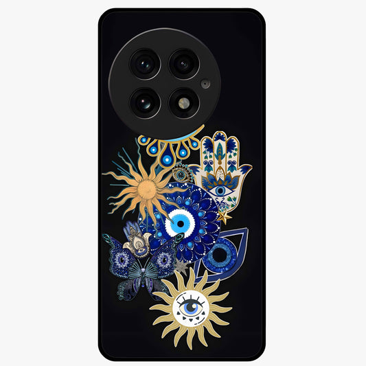 Evil Eye Charm Vibes Glass Case for 1+13 stylish front view featuring aesthetic evil eye inspired artwork