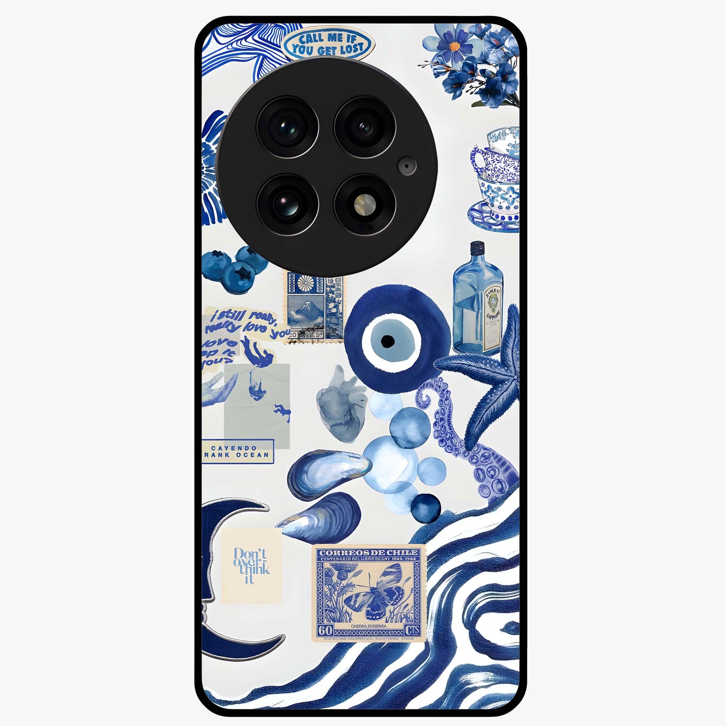 Evil Eyes Dark Blue Glass Case for 1+13 striking front view featuring deep blue evil eye artwork