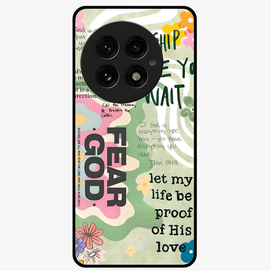 Faith Over Fear Glass Case for 1+13 inspirational front view featuring bold motivational typography artwork