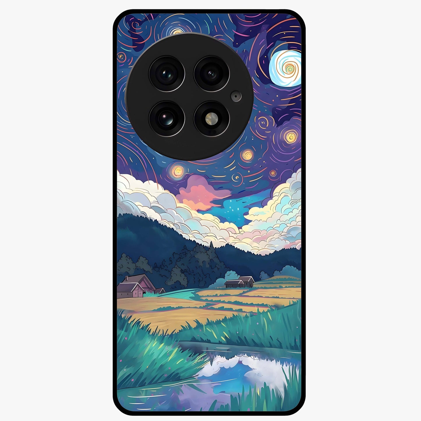 Fields Beneath the Cosmos Glass Case for 1+13 dreamy front view featuring meadow landscape under cosmic sky