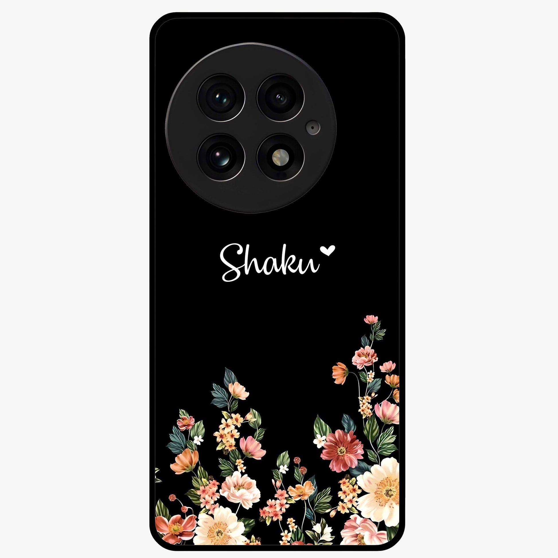 Floral Design With a Custom Personalized Name Glass Case for 1+13 graceful front view featuring floral artwork with personalized name design