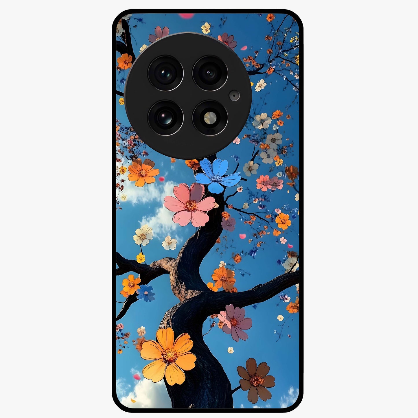 Floral Tree Glass Case for 1+13 elegant front view featuring blooming tree artwork