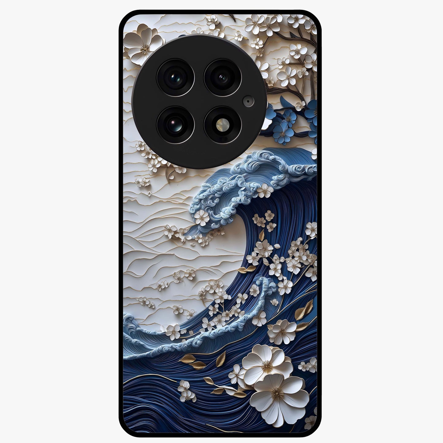 Floral Wave Origami Glass Case for 1+13 artistic front view featuring folded origami inspired floral wave artwork