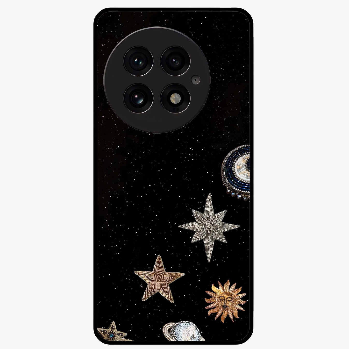 Galactic Charm Glow Glass Case for 1+13 radiant front view featuring glowing cosmic charm artwork