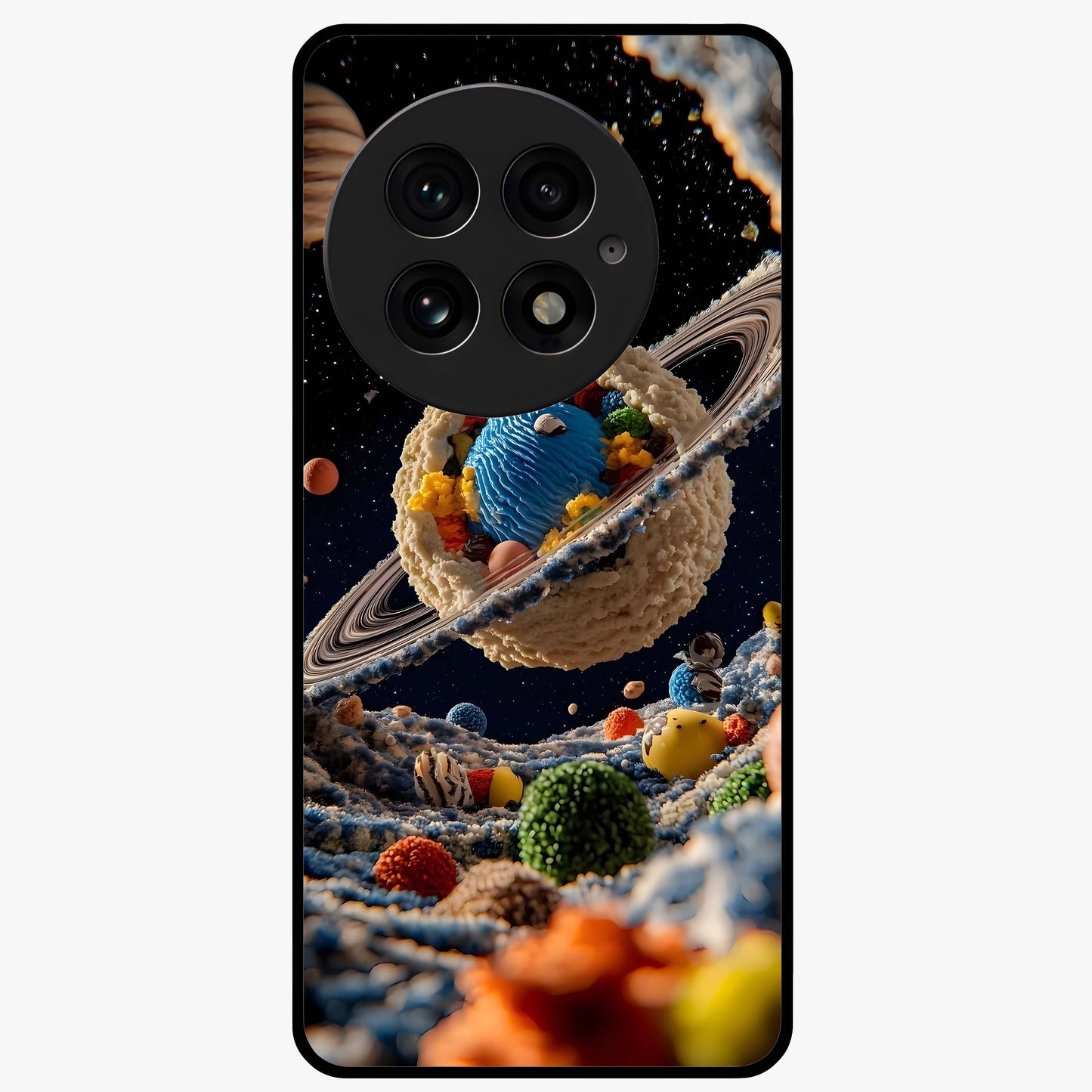Galactic Dessert Dream Printed Glass Case for 1+13 playful front view featuring dessert themed artwork with cosmic twist