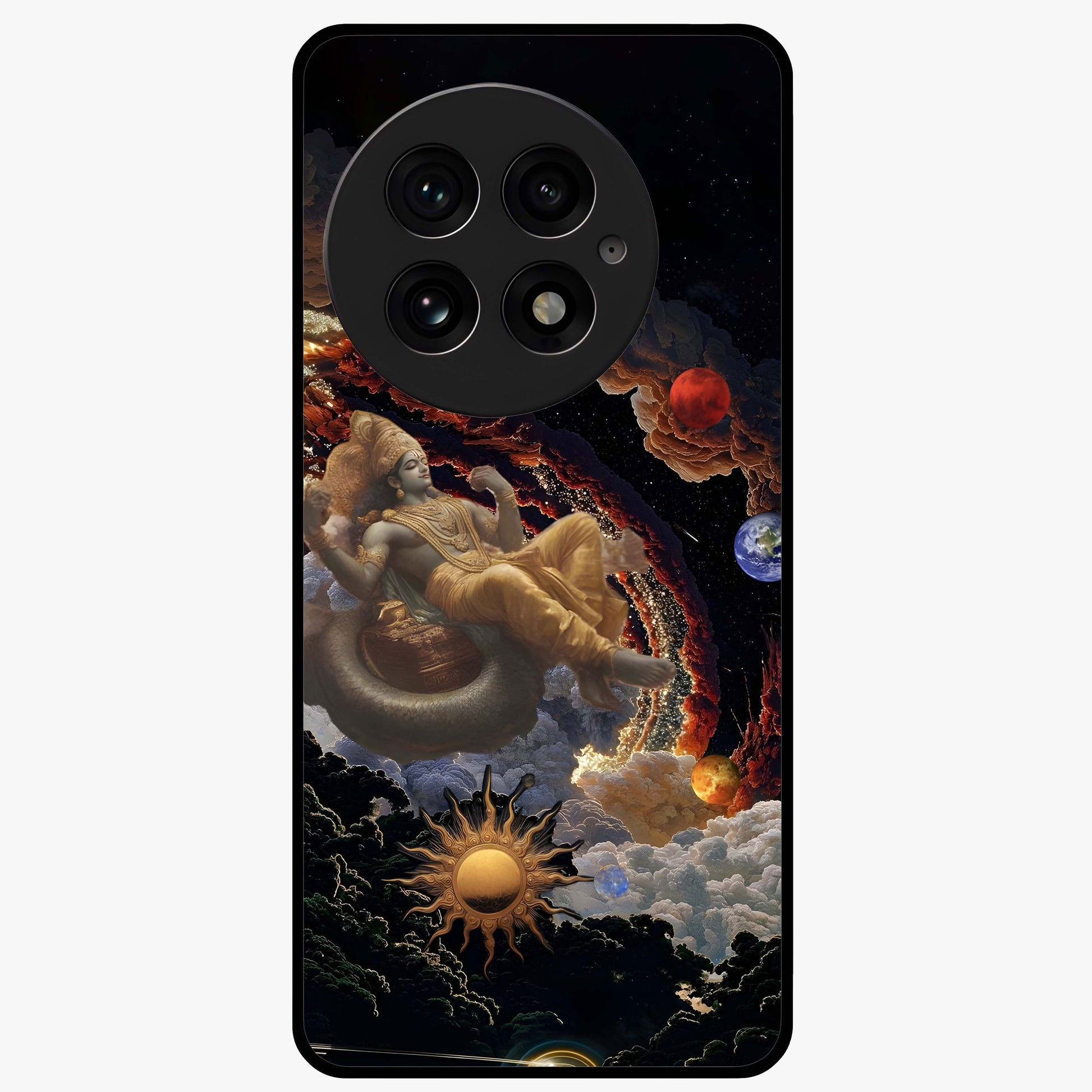 Galactic Divine God Glass Case for 1+13 powerful front view featuring divine artwork blended with cosmic background