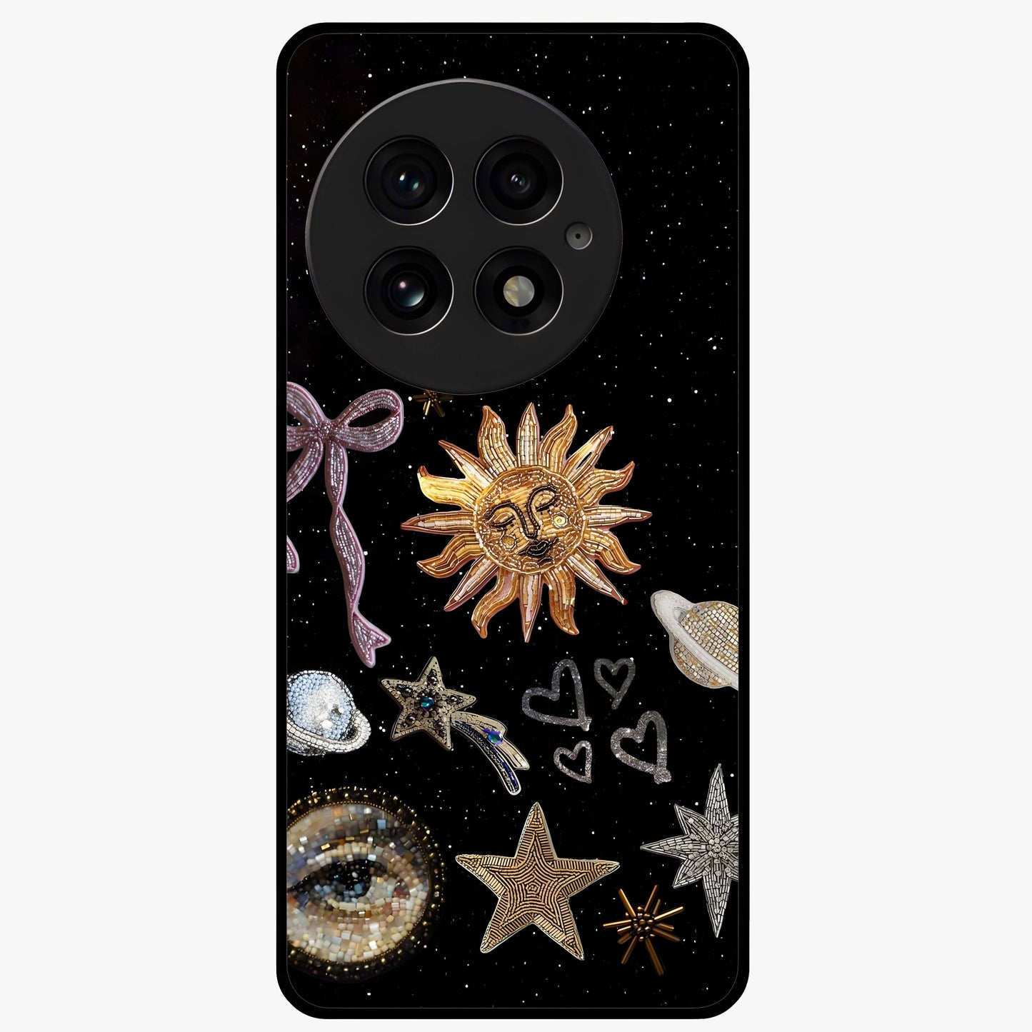 Galactic Sun Charm Glass Case for 1+13 radiant front view featuring celestial sun artwork with cosmic accents