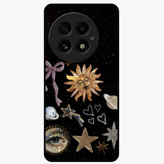 Galactic Sun Charm Glass Case for 1+13 radiant front view featuring celestial sun artwork with cosmic accents