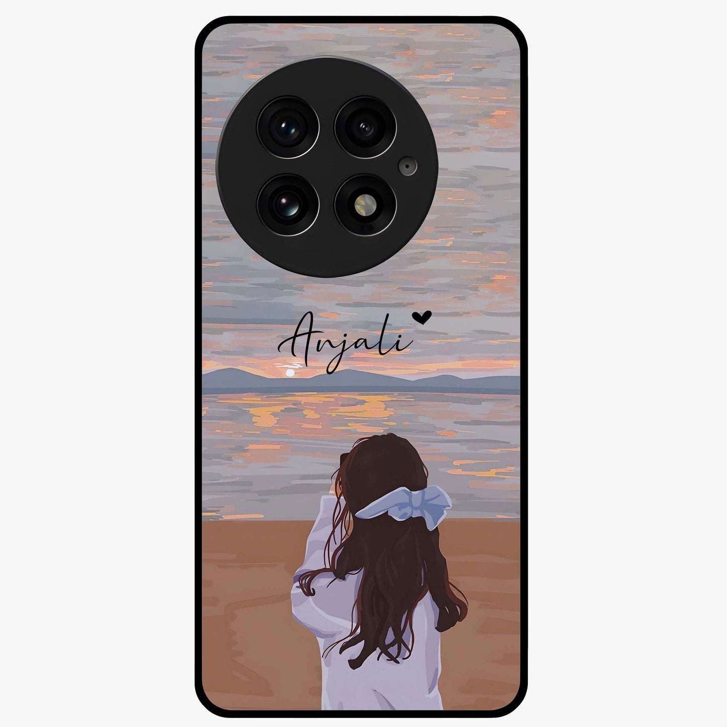 Girl Facing Sunset Beach Glass Case for 1+13 scenic front view featuring silhouette artwork against glowing sunset sky