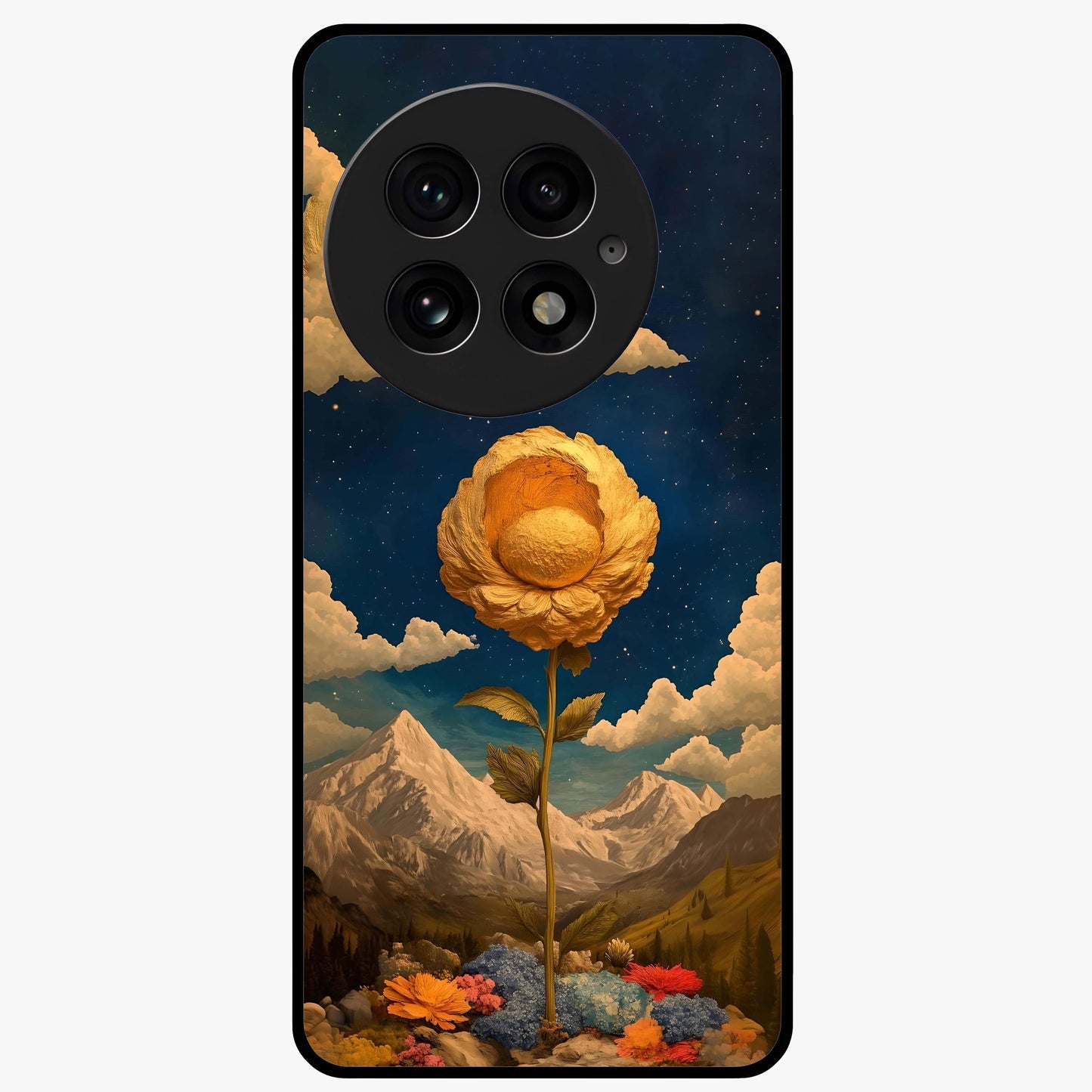 Golden Blossom Elegance Glass Case for 1+13 graceful front view featuring refined golden floral artwork
