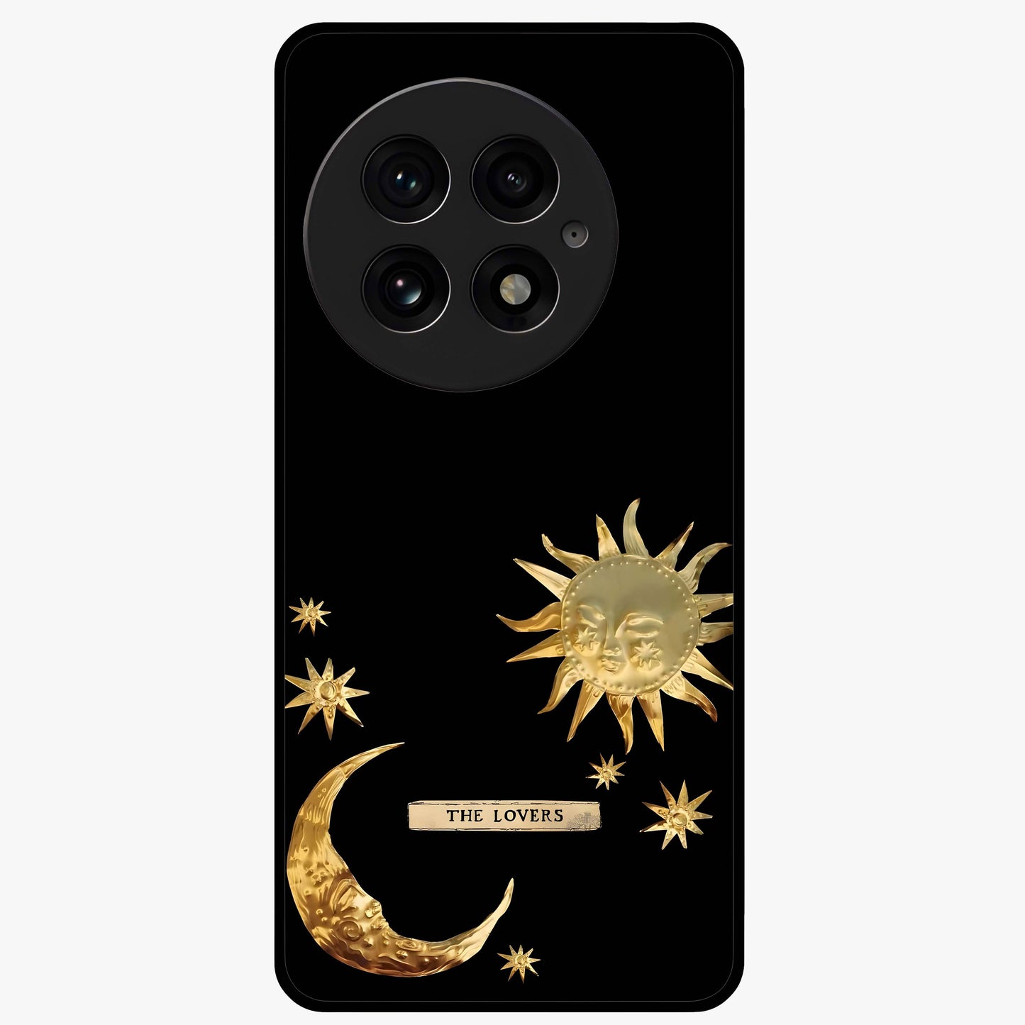 Golden Crescent Mood Glass Case for 1+13 artistic front view featuring crescent moon artwork in warm golden tones