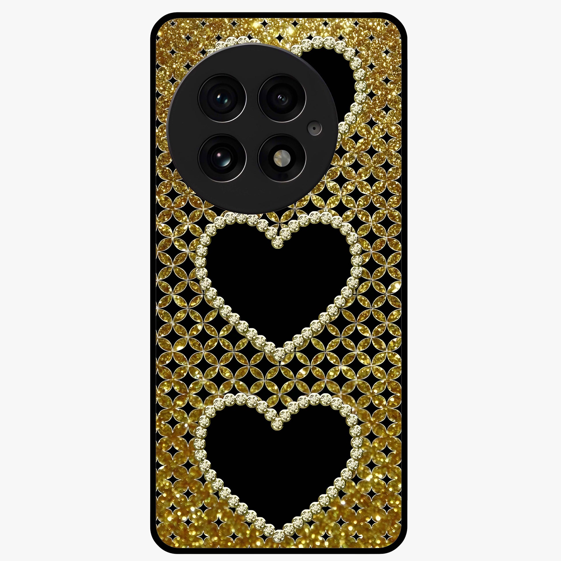 Golden Leaf Dreams Glass Case for 1+13 elegant front view featuring shimmering golden leaf artwork