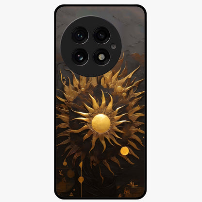 Golden Sun Minimalism Glass Case for 1+13 clean front view featuring minimalist golden sun artwork