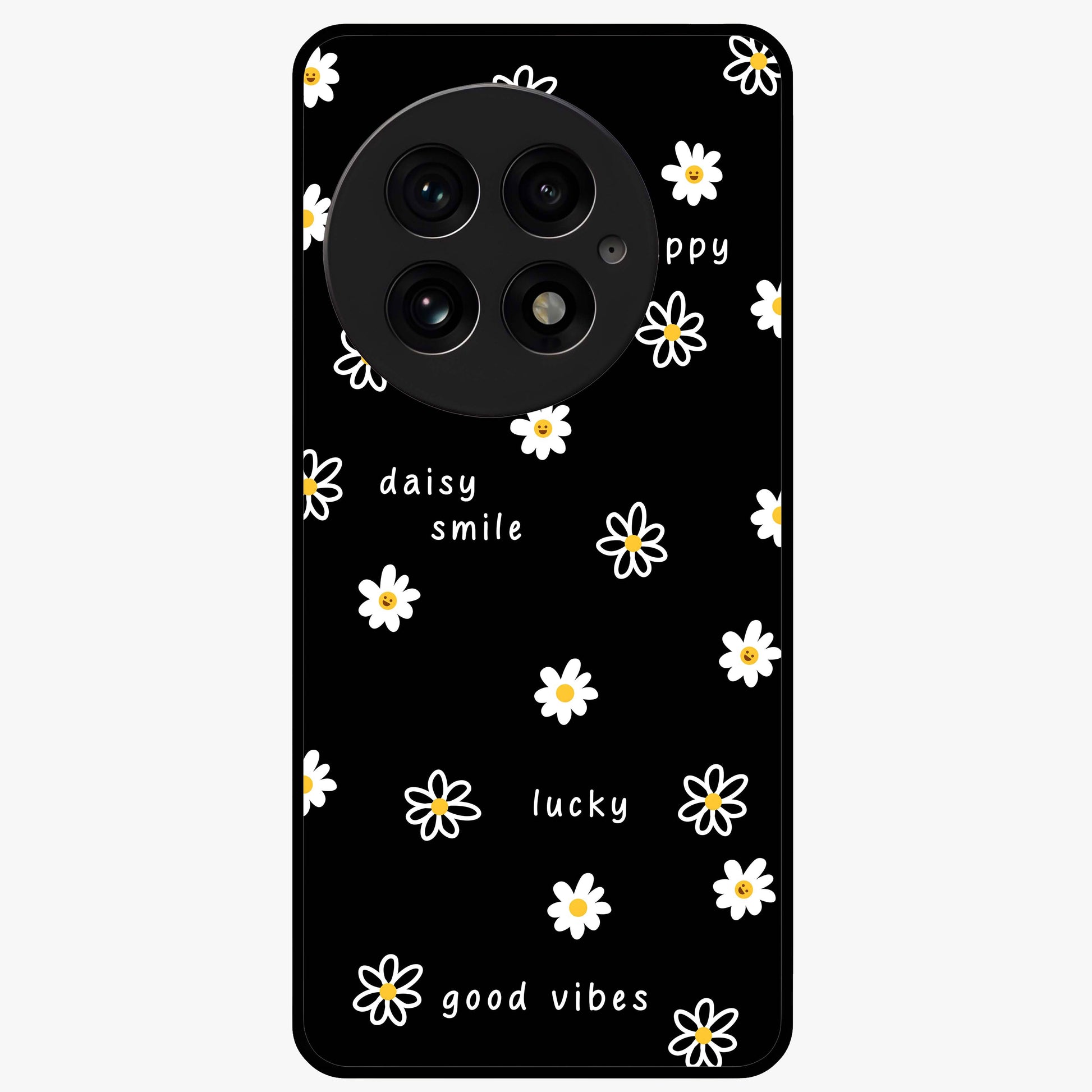 Good Vibes Daisy Black Pattern Glass Case for 1+13 stylish front view featuring white daisy artwork on black background