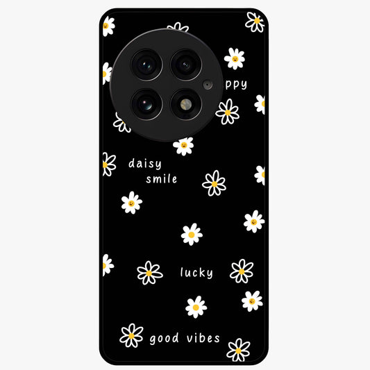 Good Vibes Daisy Black Pattern Glass Case for 1+13 stylish front view featuring white daisy artwork on black background