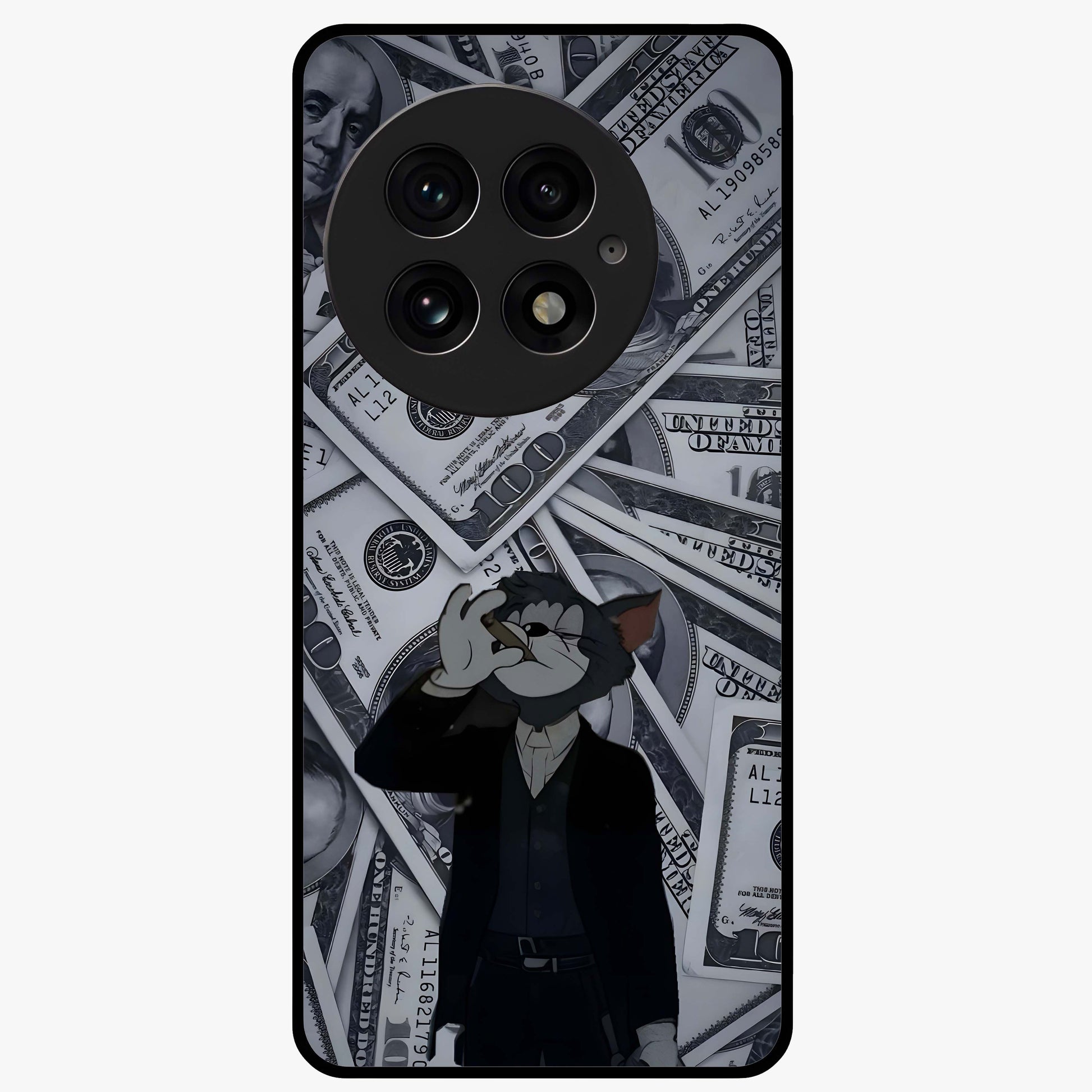 Greedy Fortune Cat Glass Case for 1+13 charming front view featuring lucky cat inspired artwork