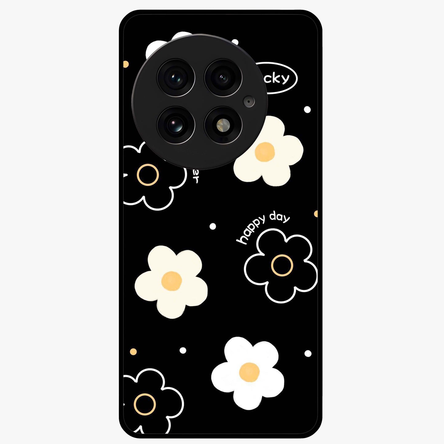 Happy Day Daisy Glass Case for 1+13 cheerful front view featuring bright daisy floral artwork