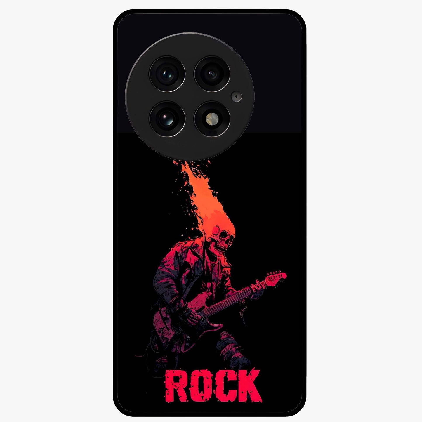 Hellfire Rock Anthem Glass Case for 1+13 showing full back design in clean flat view with fiery rock-inspired artwork and glossy glass finish.