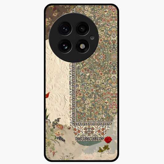 Heritage Textile Layers Glass Case for 1+13 showing full back design in clean flat view with layered textile-inspired artwork and glossy glass finish.