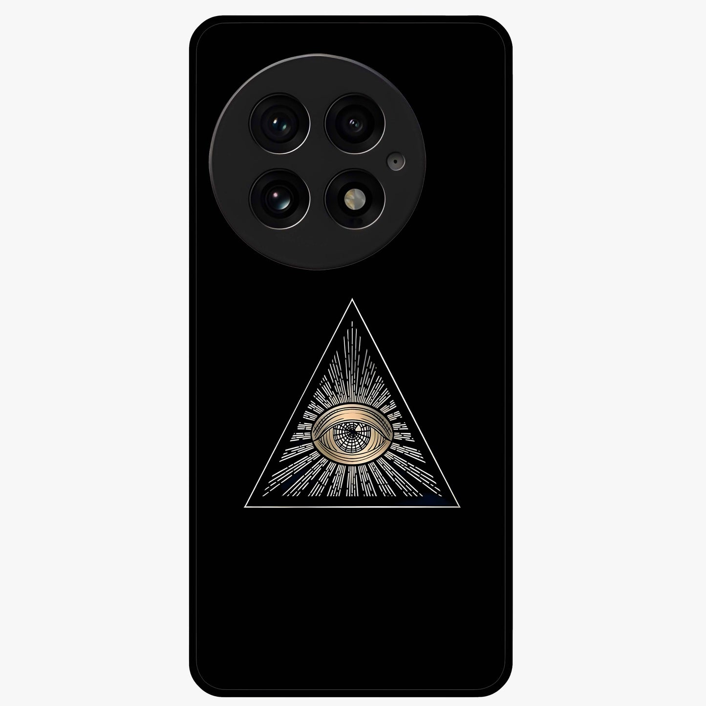 Illuminati Evil Glass Case for 1+13 showing full back design in clean flat view with bold symbolic artwork and glossy glass finish.