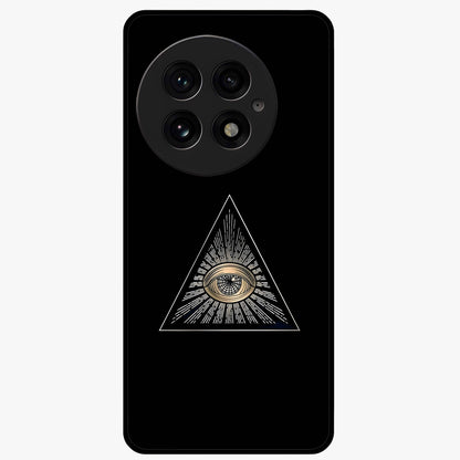 Illuminati Evil Glass Case for 1+13 showing full back design in clean flat view with bold symbolic artwork and glossy glass finish.
