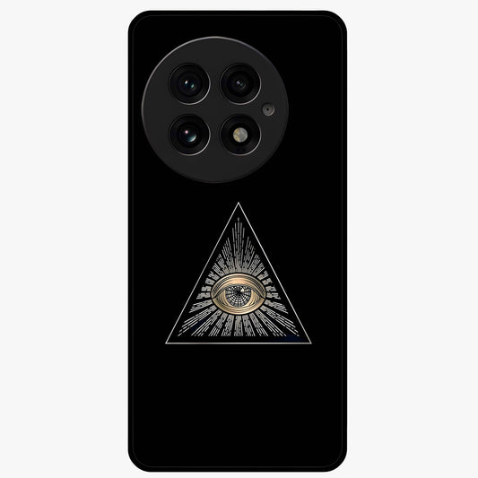Illuminati Evil Glass Case for 1+13 showing full back design in clean flat view with bold symbolic artwork and glossy glass finish.