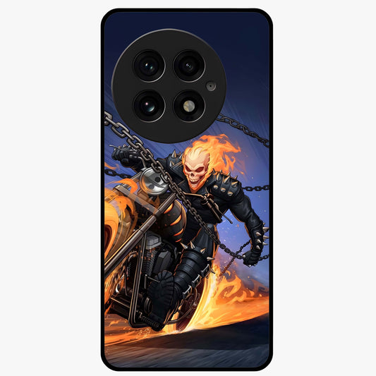 Inferno Chain Rider Glass Case for 1+13 showing full back design in clean flat view with fiery chain rider artwork and glossy glass finish.