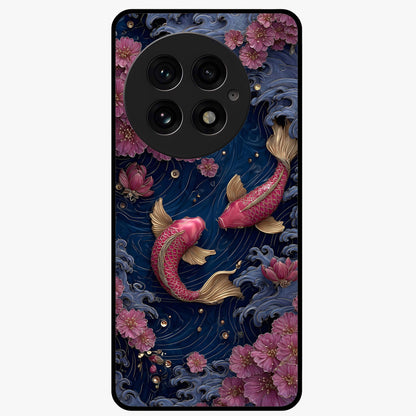 Koi Wave Dance Glass Case for 1+13 artistic front view featuring flowing koi fish artwork with wave patterns