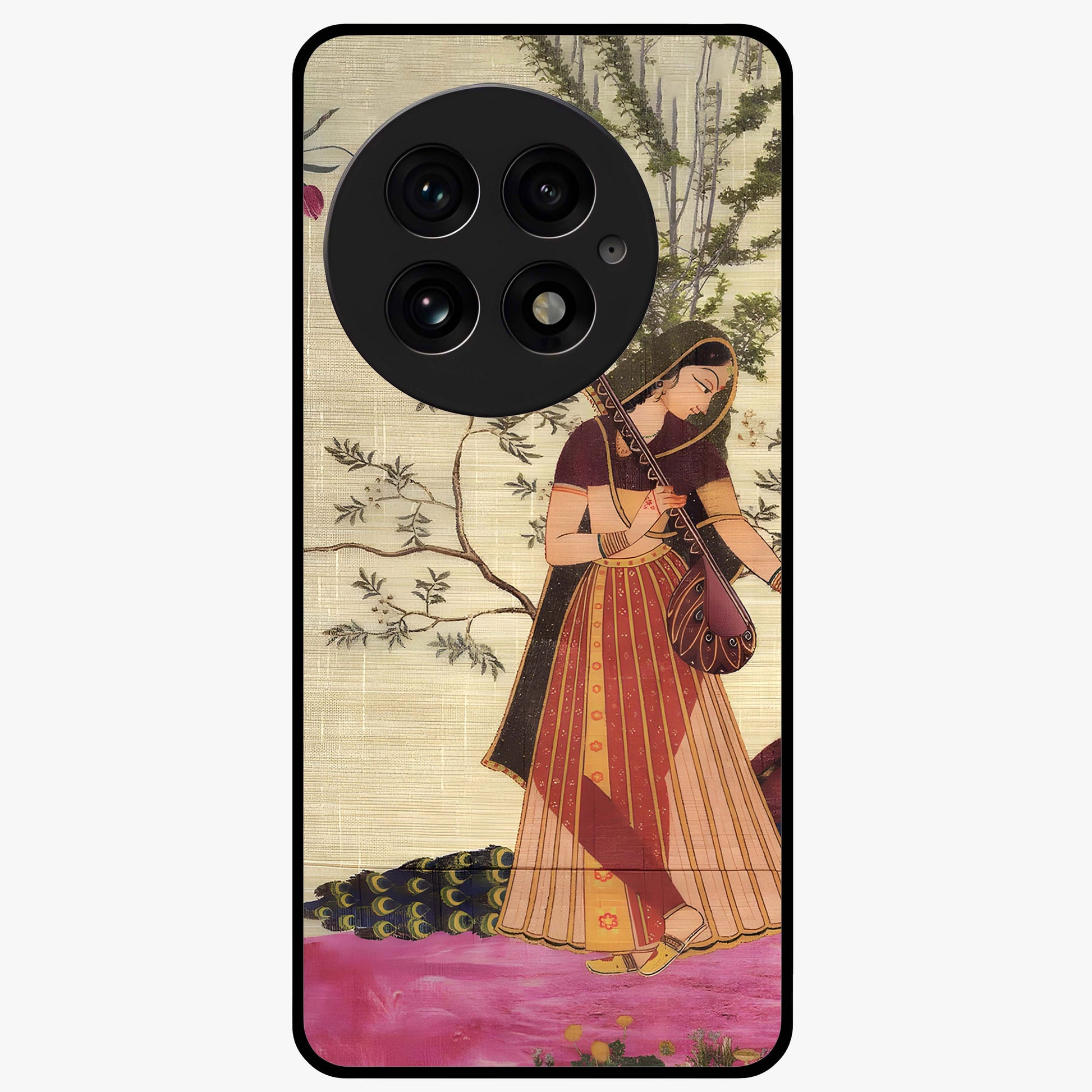 Lady With Veena Art Glass Case for 1+13 elegant front view featuring classical musical inspired artwork