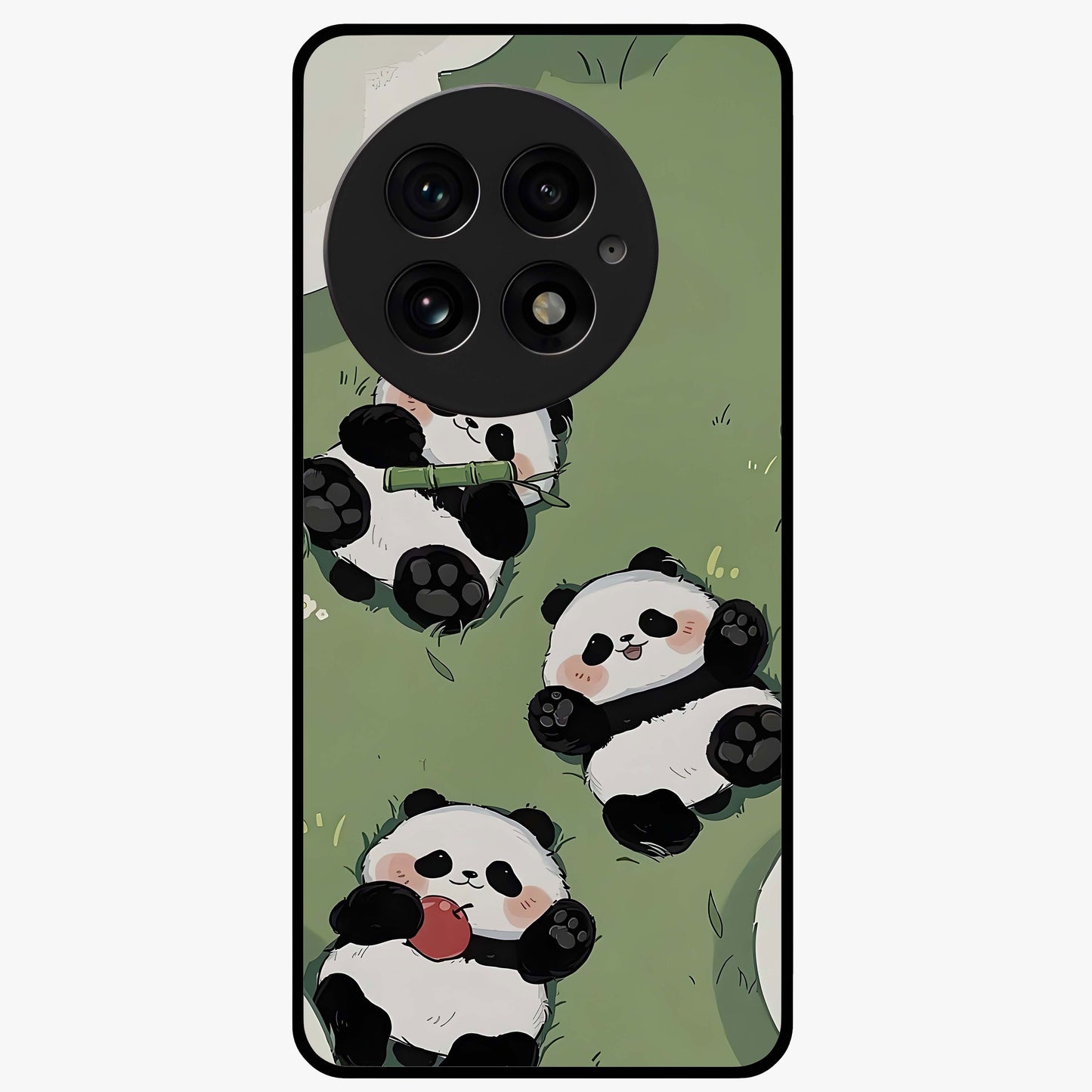 Lazy Panda Picnic Glass Case for 1+13 adorable front view featuring playful panda picnic themed artwork