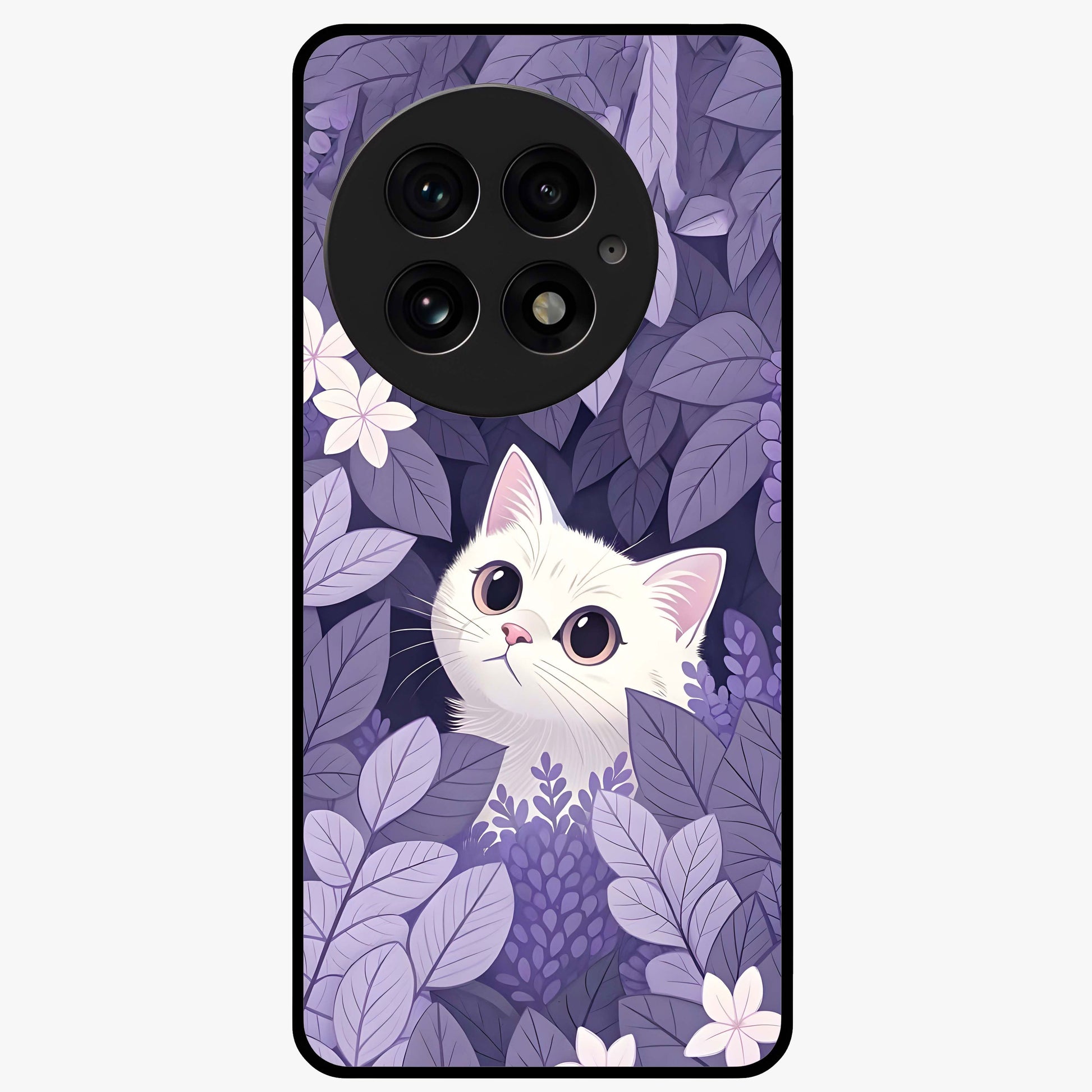 Lilac Hide Peek Cat Glass Case for 1+13 adorable front view featuring playful cat artwork in lilac tones