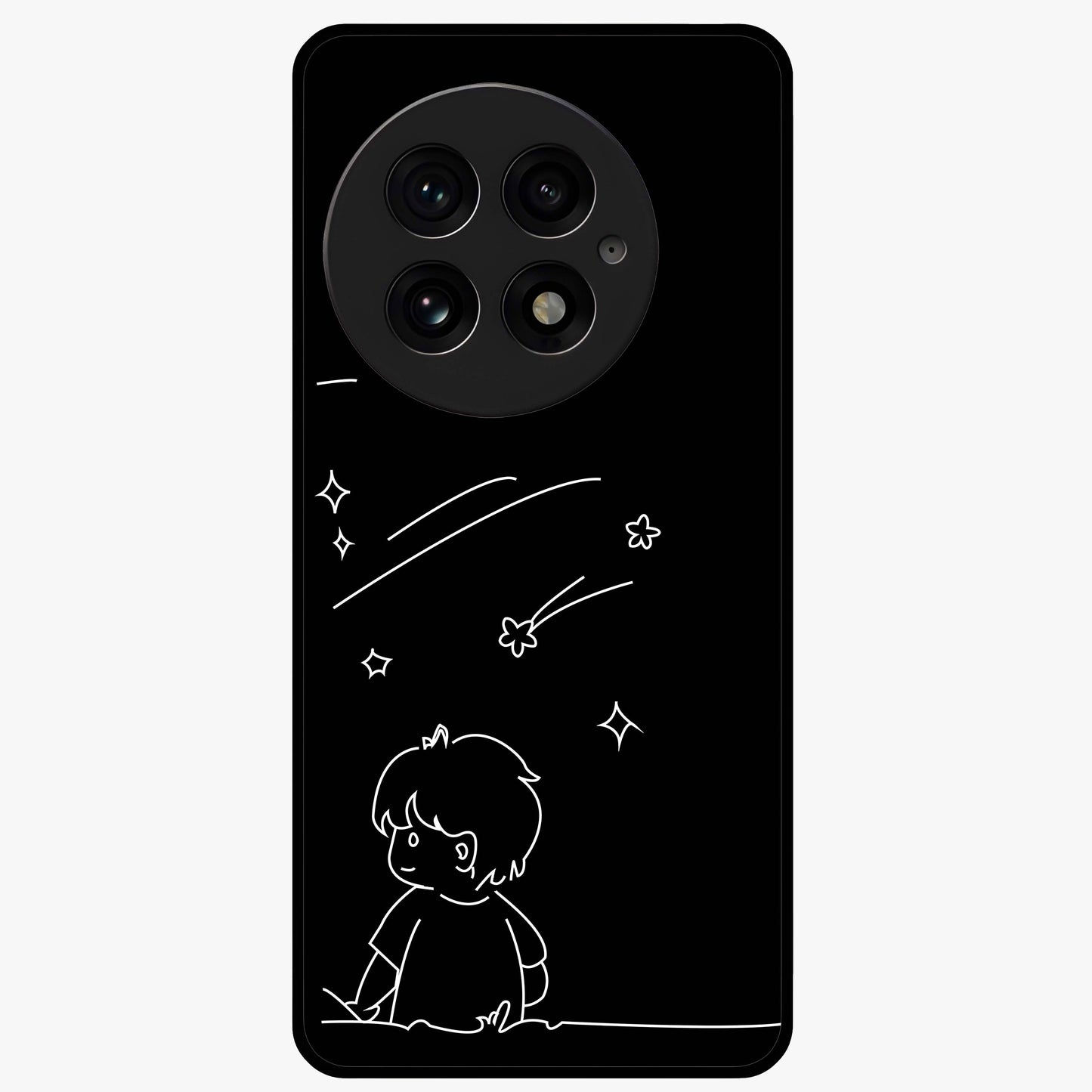 Line Art Boy With Shooting Stars Glass Case for 1+13 artistic front view featuring minimal line art character with star accents