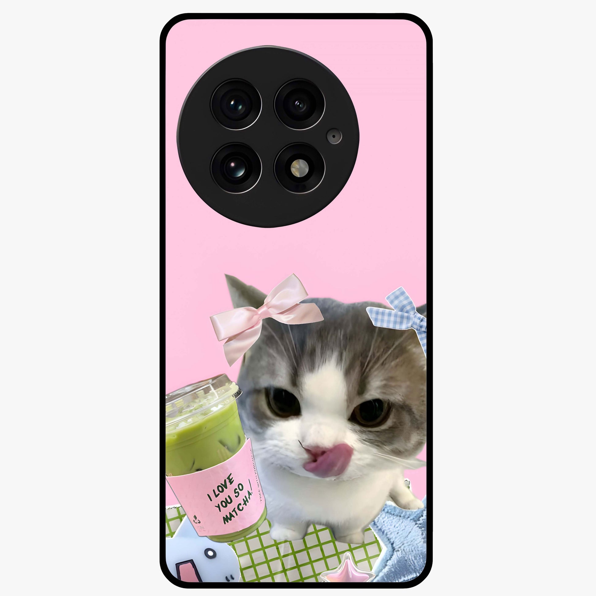 Love Matcha Cat Glass Case for 1+13 adorable front view featuring cute cat artwork with matcha theme