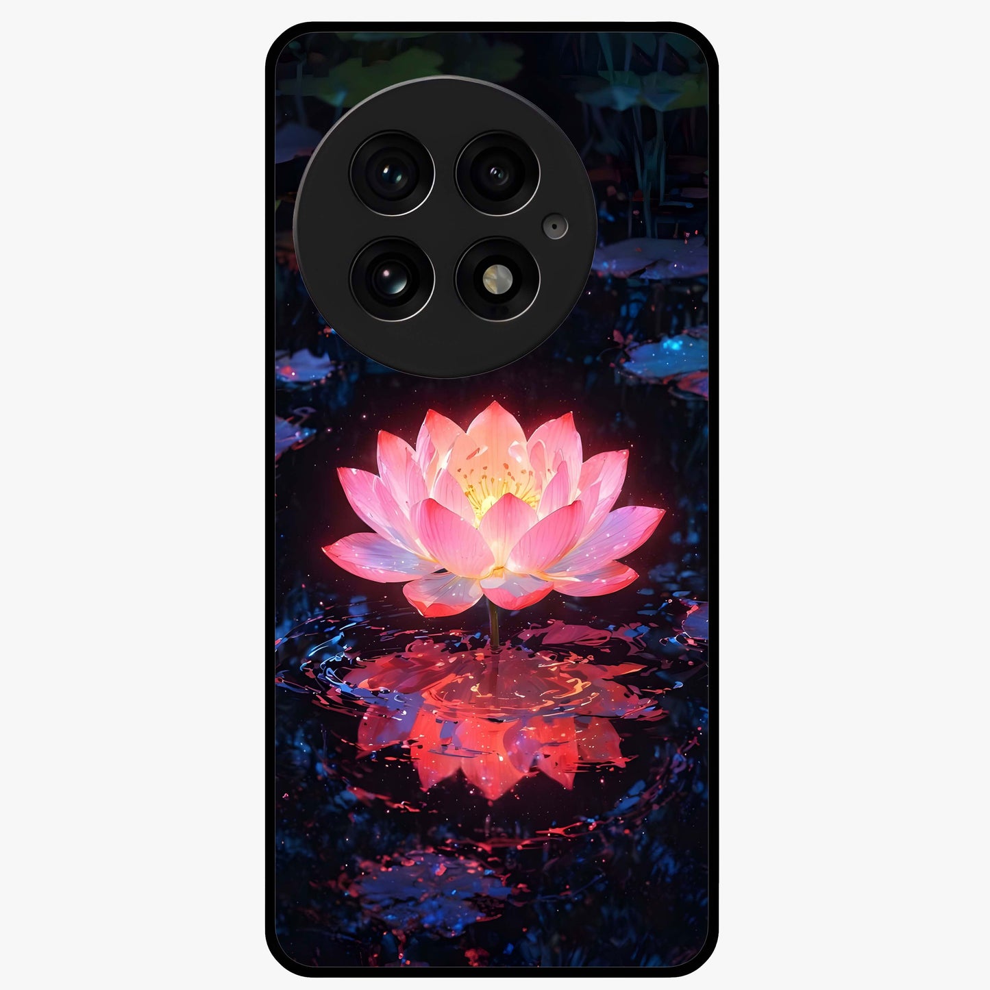Luminous Lotus Glow Glass Case for 1+13 radiant front view featuring glowing lotus artwork