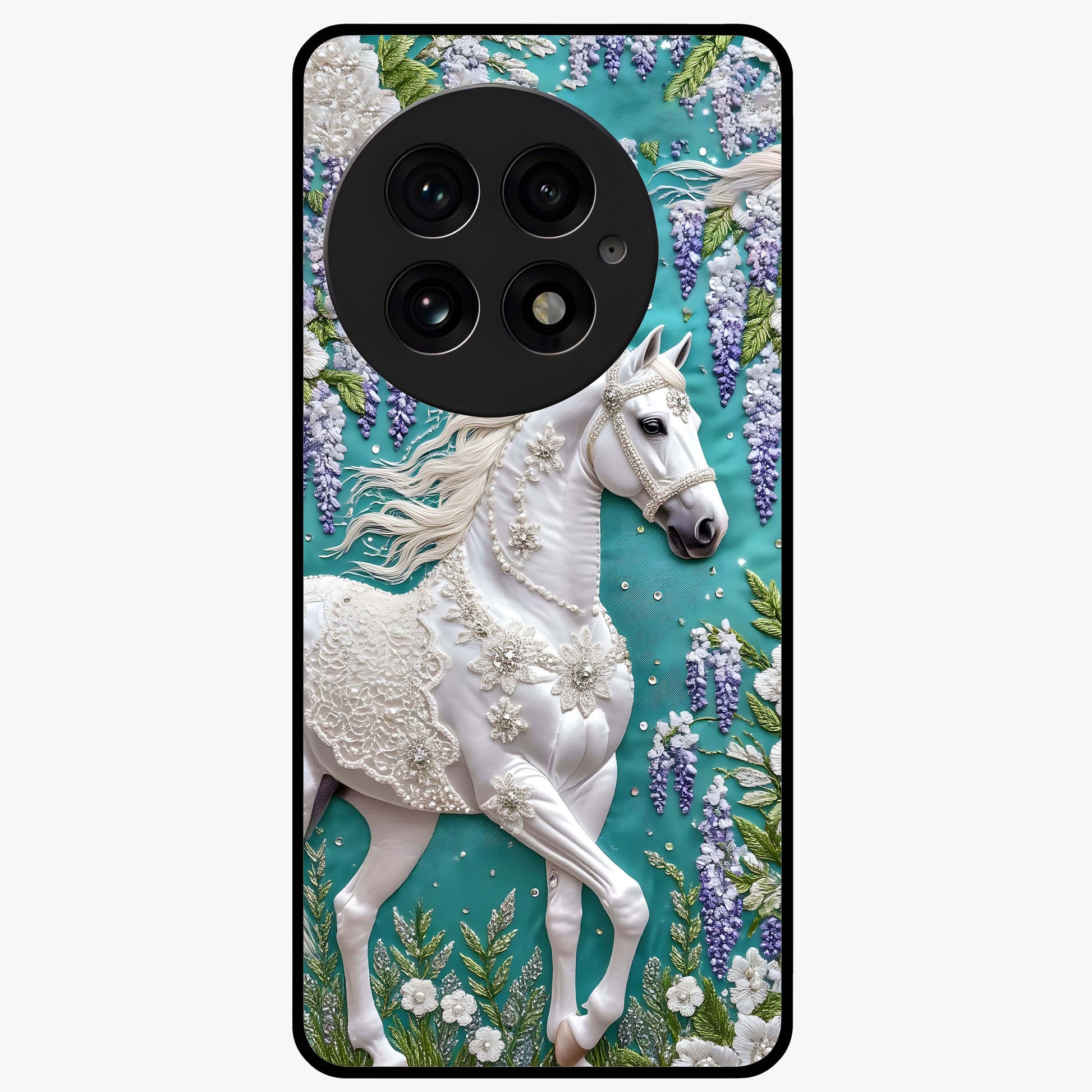Majestic Floral Stallion Glass Case for 1+13 powerful front view featuring horse artwork blended with floral detailing