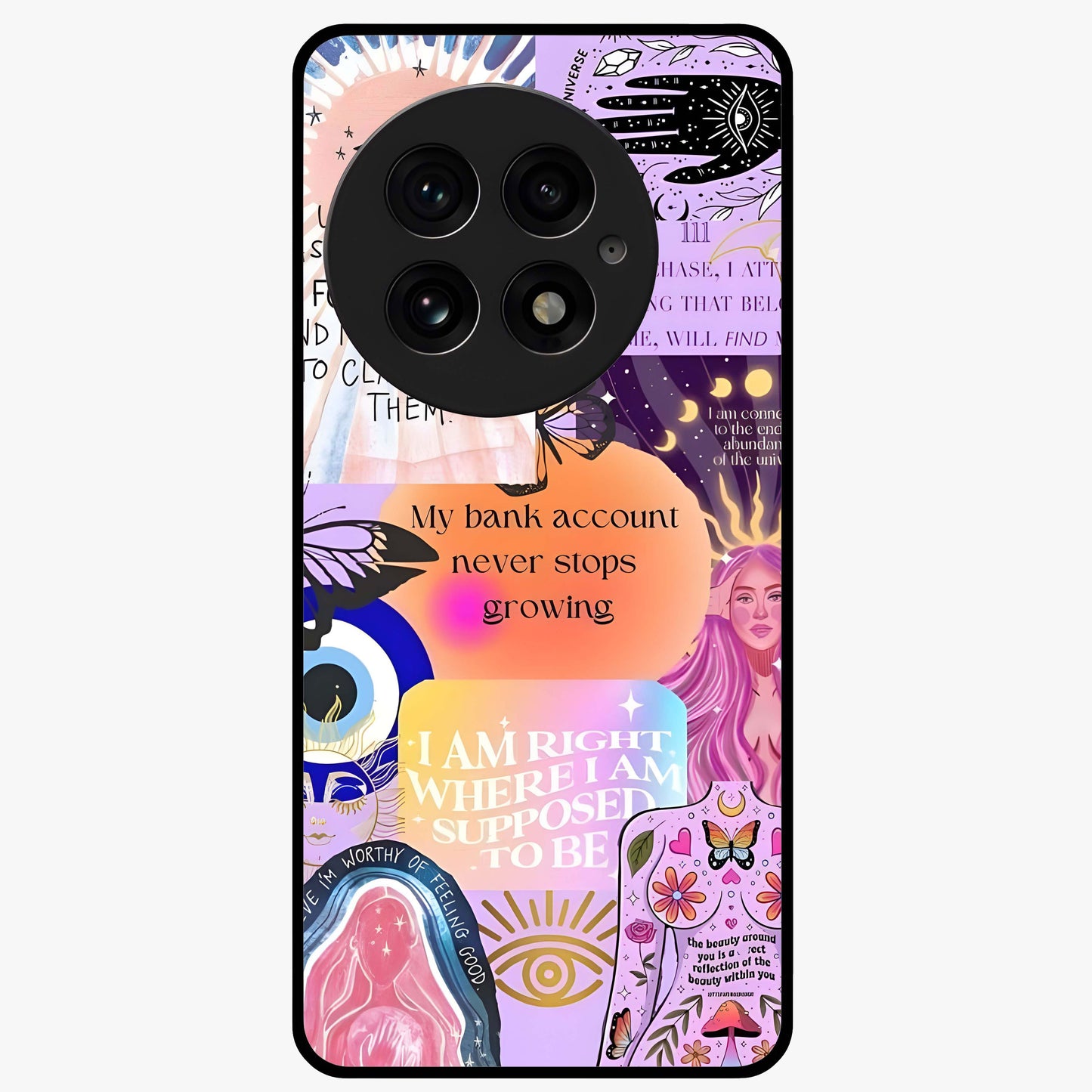 Manifestation Collage Glass Case for 1+13 creative front view featuring aesthetic vision board collage artwork