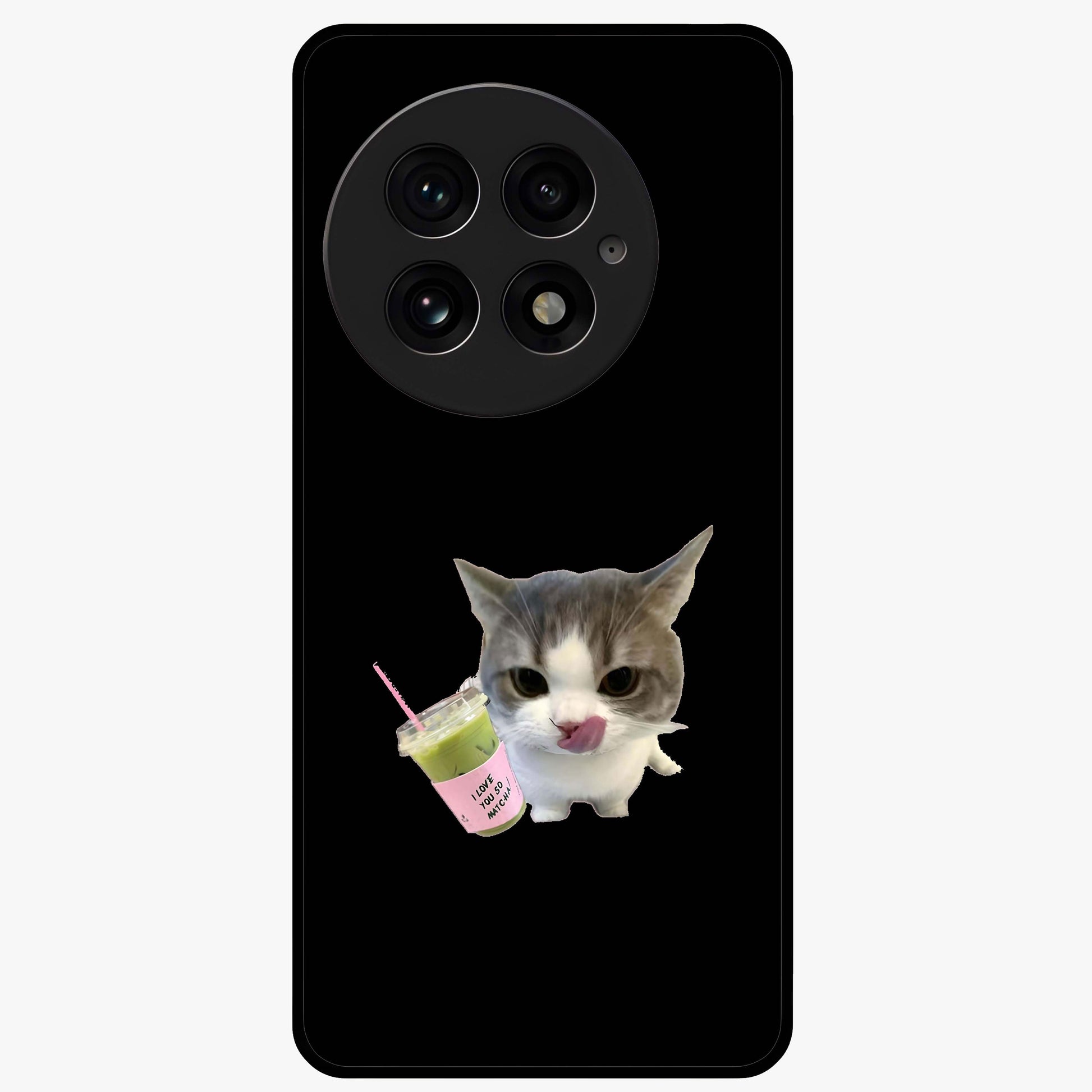Matcha Cat Style Glass Case for 1+13 adorable front view featuring cute cat artwork in matcha green tones