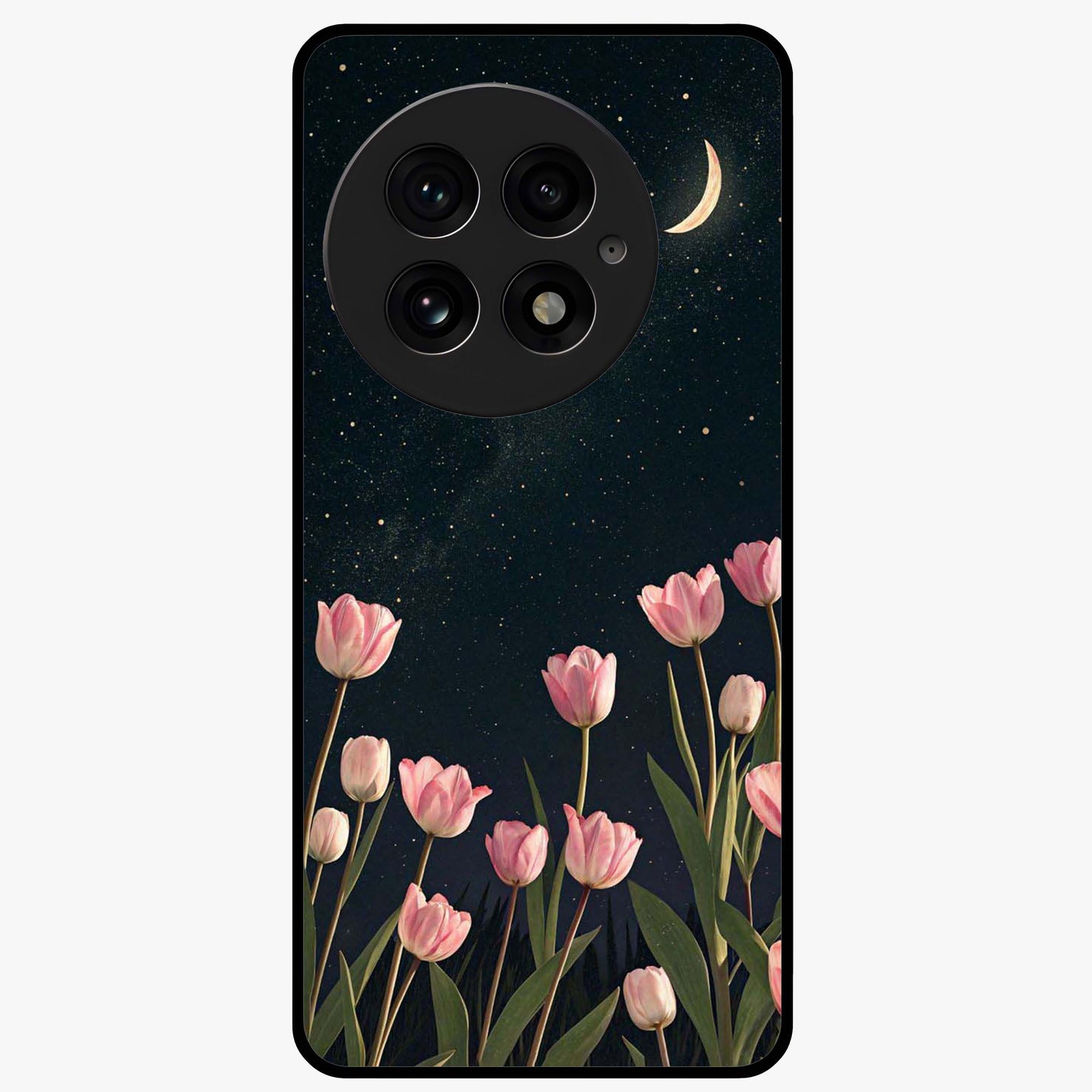 Midnight Tulip Whispers Vibe Glass Case for 1+13 elegant front view featuring tulip floral artwork on dark background