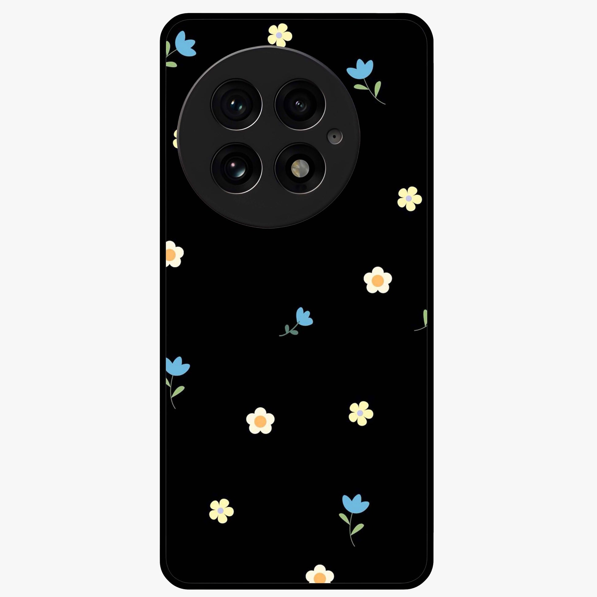 Minimalistic Blue With White Flower Pattern Glass Case for 1+13 fresh front view featuring white floral artwork on blue background
