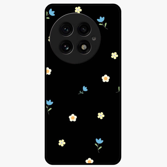Minimalistic Blue With White Flower Pattern Glass Case for 1+13 fresh front view featuring white floral artwork on blue background