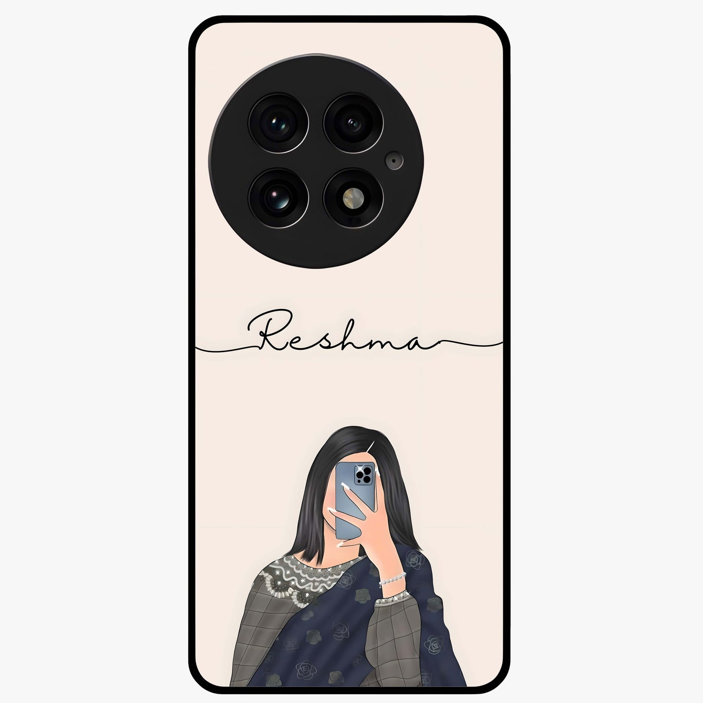 Mirror Mood Muse With Custom Name Glass Case for 1+13 stylish front view featuring aesthetic artwork with personalized name detail