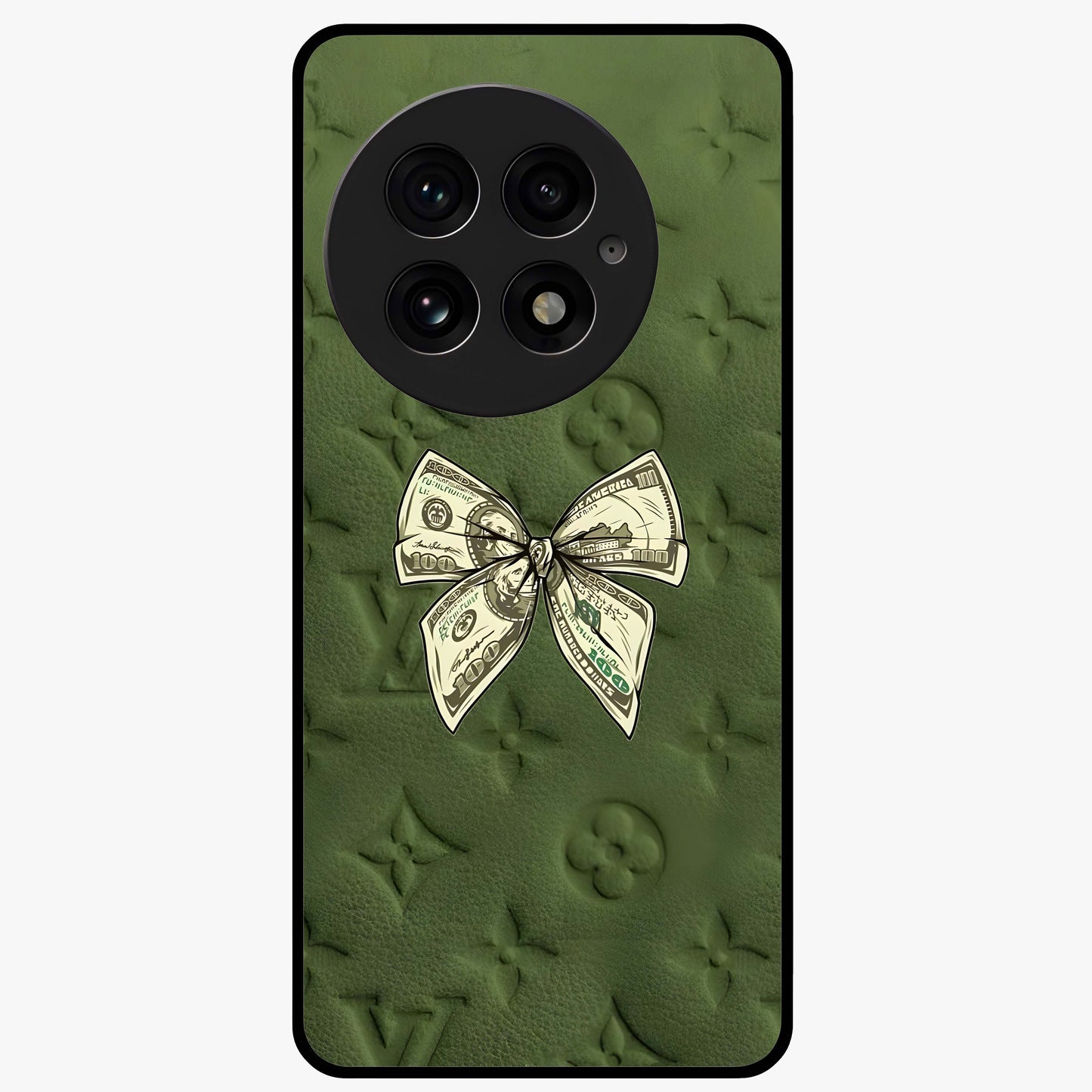 Money Bow Lv Glass Case for 1+13 luxury inspired front view featuring bold fashion themed artwork